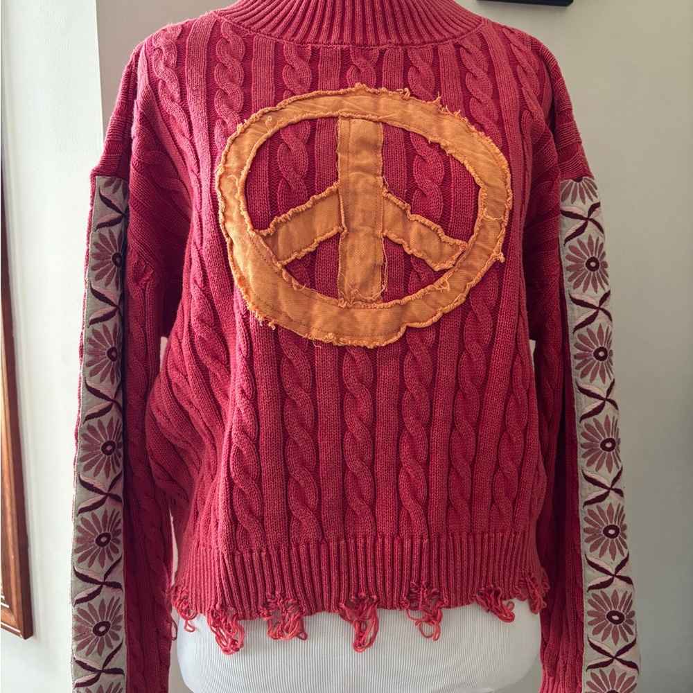 washed peace patch cable knit sweater